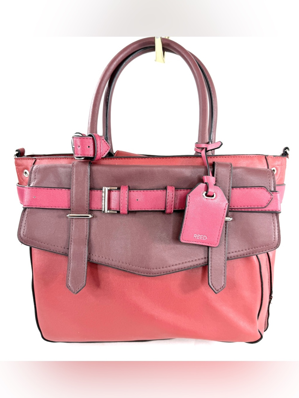 REED Modern American Red Pink Colorblock Faux Leather Satchel Shoulder Bag